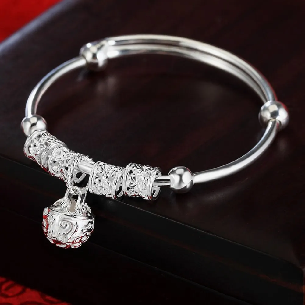 Fine Silver Color Hollow Bells Ball Bangles Adjustable Bracelets for Women Fashion Holiday Gifts Party Wedding Jewelry - Image 2