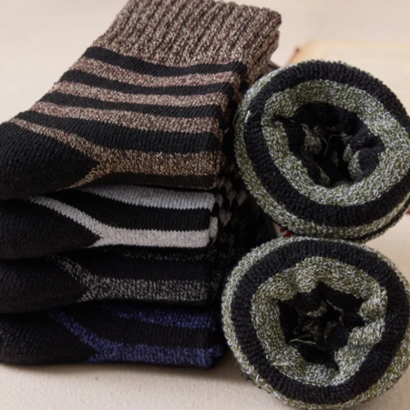 Winter Thick Warm Sock Cold Resistant Black Stripe Cashmere Mid Length Socks Autumn Outdoor Sturdy Breathable Thermal Hosiery