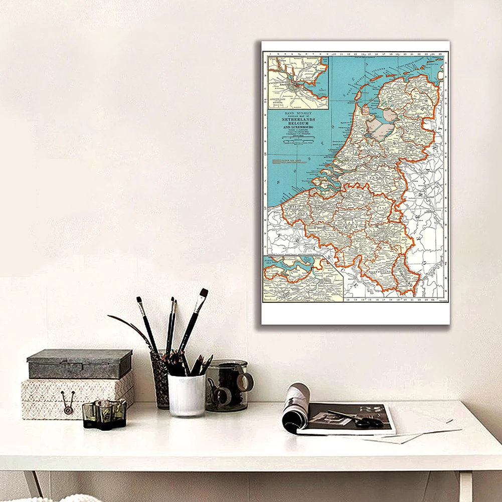 100*150cm Map of The Belgium and Netherlands in 1936 Retro Wall Art Poster Canvas Painting Home Decor School Supplies