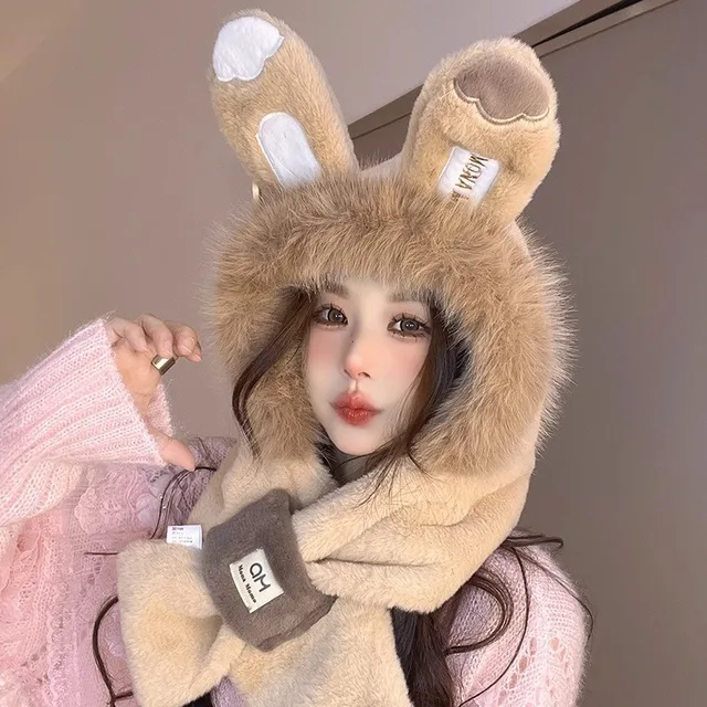 Rabbit Ears Plush Scarf and Hat Two Piece Set 1