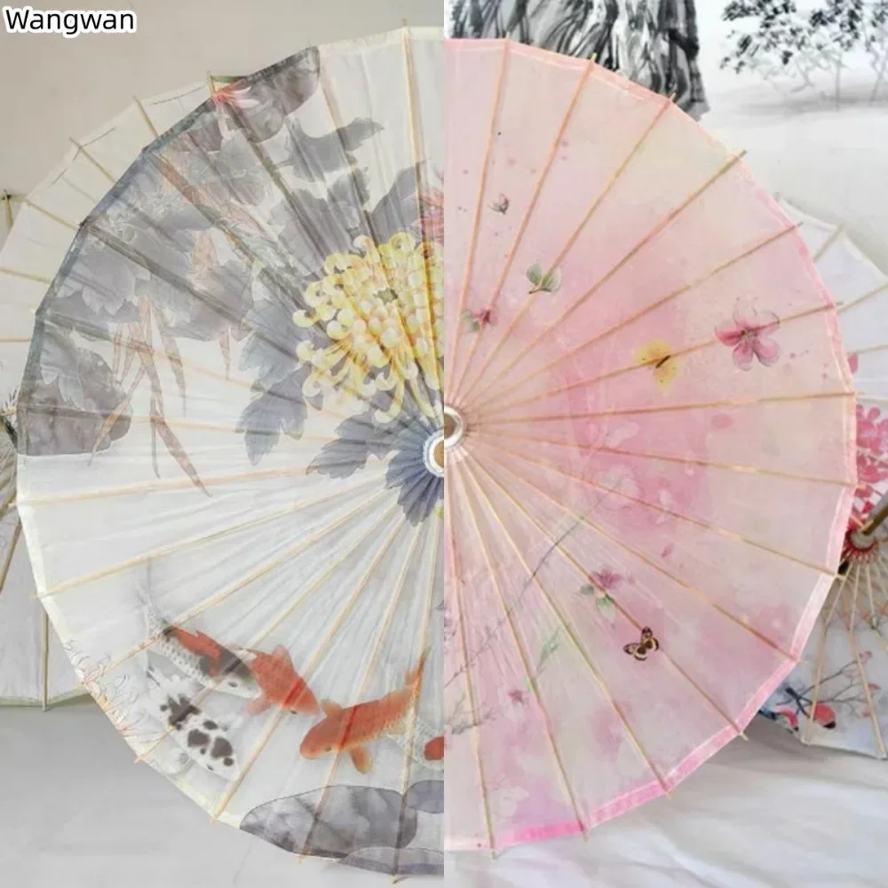 Chinese Tung Oil Paper Umbrella Antique Women Hanfu Parasols Pure Handmade Photography Dance Props Rain and Sun Protection 84cm