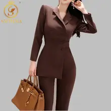 

2022Spring Fall Irregular Jumpsuit Double-Breasted V-Neck Blazer Jacket+Women Slim Long Pencil Pant Office Business 2 Pieces Set