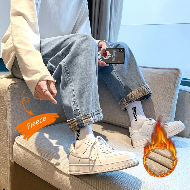 

Зима 2023, корейские уличные модные повседневные теплые джинсы для отдыха, мешковатые Прямые повседневные джинсы, Классические мужские толстые брюки унисекс