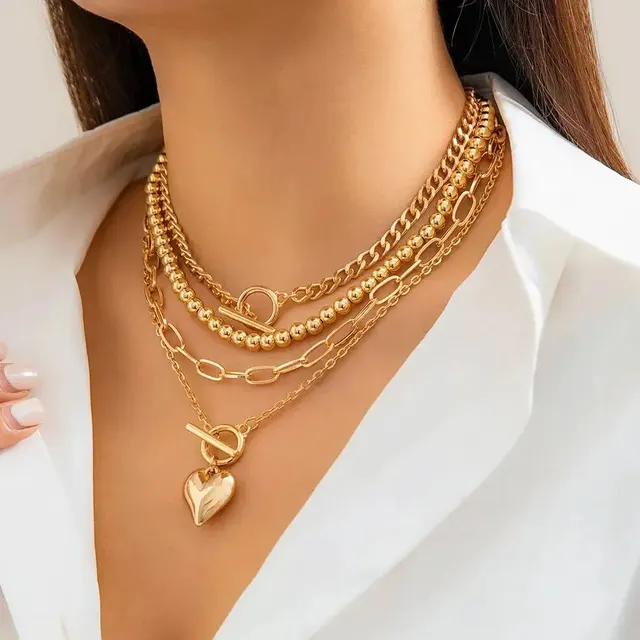 4Pcs/Set Punk Gold Color Heart Pendant Necklace 2