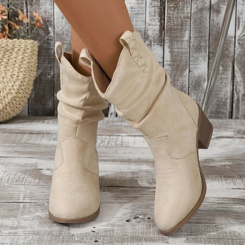 Ladies Shoes 2023 Hot Sale Square Heel Solid  Women's Boots Versatile Simple Mid Length Boots   Pointed Toe Single Shoe