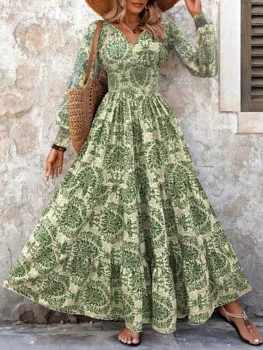 Bohemian Floral Print Maxi Dresses V Neck Long Sleeve Smocked Tiered Ruffle Hem Luxury Women's Elegant Party Dress 1