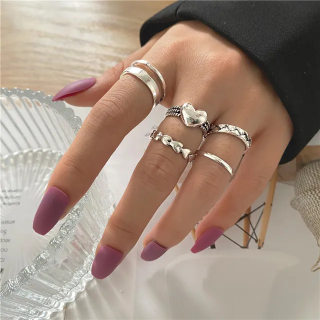Punk Gothic Heart Ring Set for Women Black Dice Vintage Spades Ace Silver Plated Retro Rhinestone Charm Billiards Finger Jewelry 