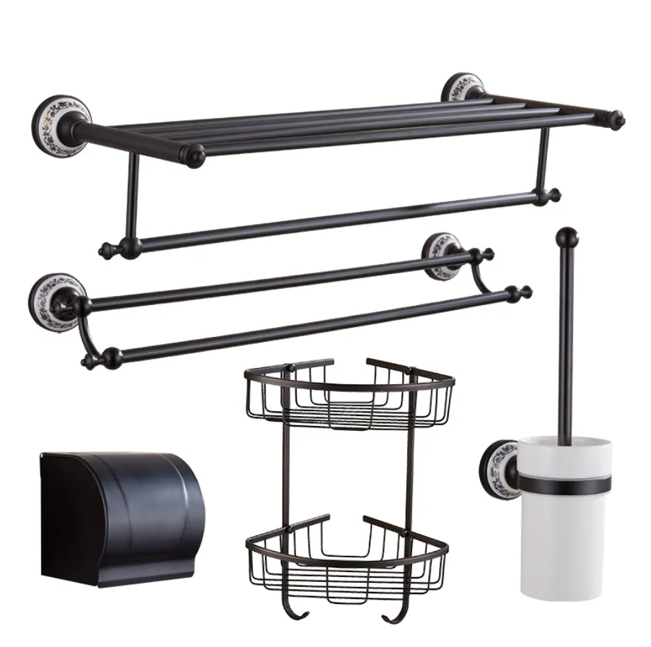 Ceramic Series Black Bronze Copper Bathroom Accessories Towel Shelf Towel Bar Tempered shelves Hotel Hardware Pendant