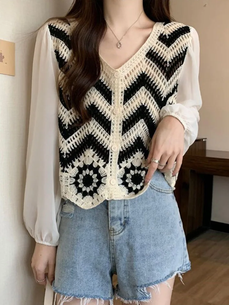 

Casual Knitted Shirt Women Vintage Crochet Flower Blouse Loose Patchwork Chiffon Cardigan Elegant Fashion Hollow Embroidery Tops