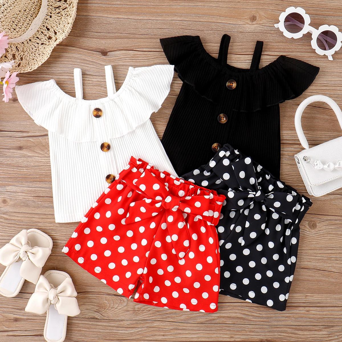 

PatPat 2pcs Baby Girl 95% Cotton Ribbed Ruffle Collar Sleeveless Top and Polka Dots Print Belted Shorts Set