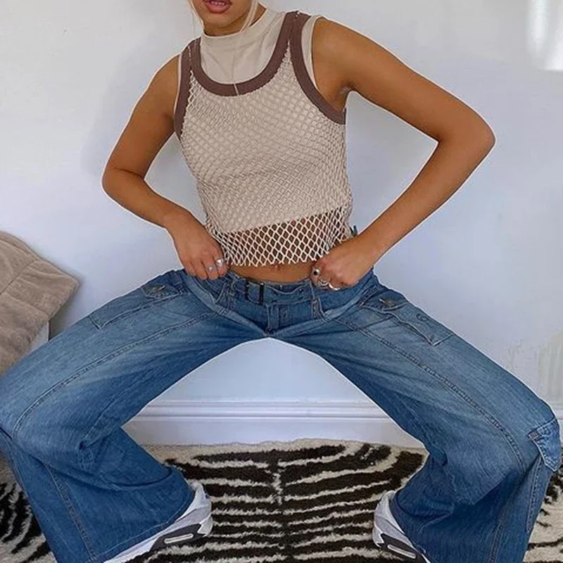 2024 Autumn Streetwear Baggy Jeans Sashes Women Plus Size Pockets Wide Leg Cargo Pants Y2K 90s Low Waist Straight Denim Trousers