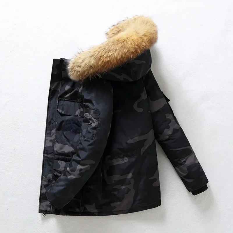 Mens Winter Down Jacket Fashion Disassembled Big Fur Collar Hooded White Duck Down Coat Women Ski Multi-Pocket Lightweight Parka