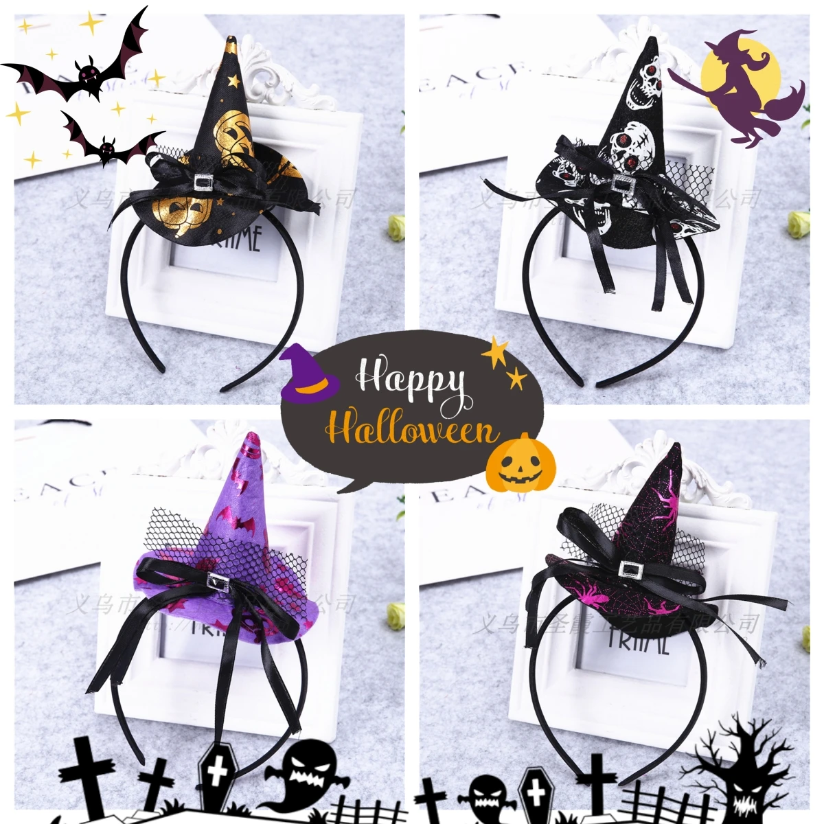 Pack De 4 Diademas De Bruja Para Halloween | Tela, Varios Colores | Accesorio Para Disfraces De Adultos Y Niños