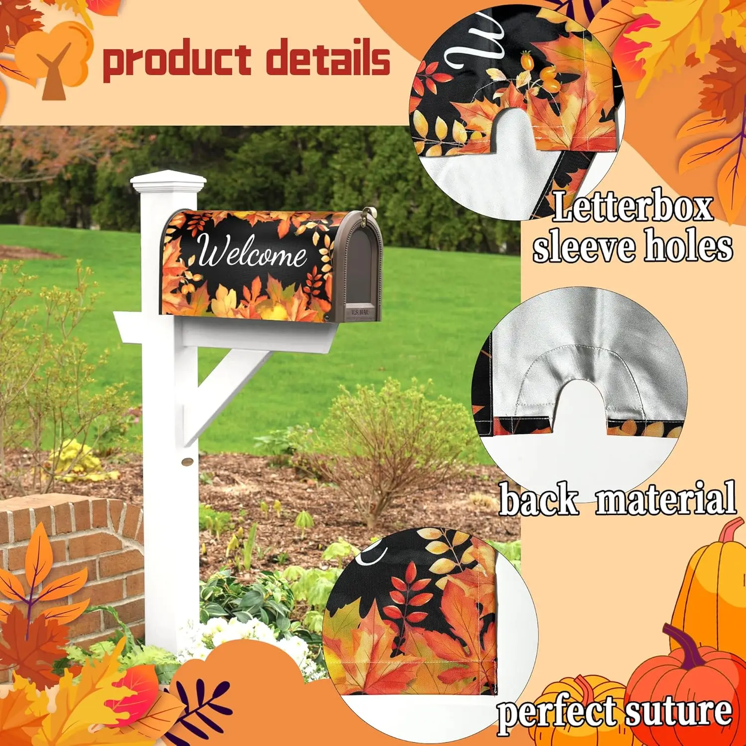 Autumn Fall Mailbox Cover Magnetic Welcome Maple Leaf Mailbox Wraps Post Letter Box Cover for Garden Yard Home Decor Standard Si