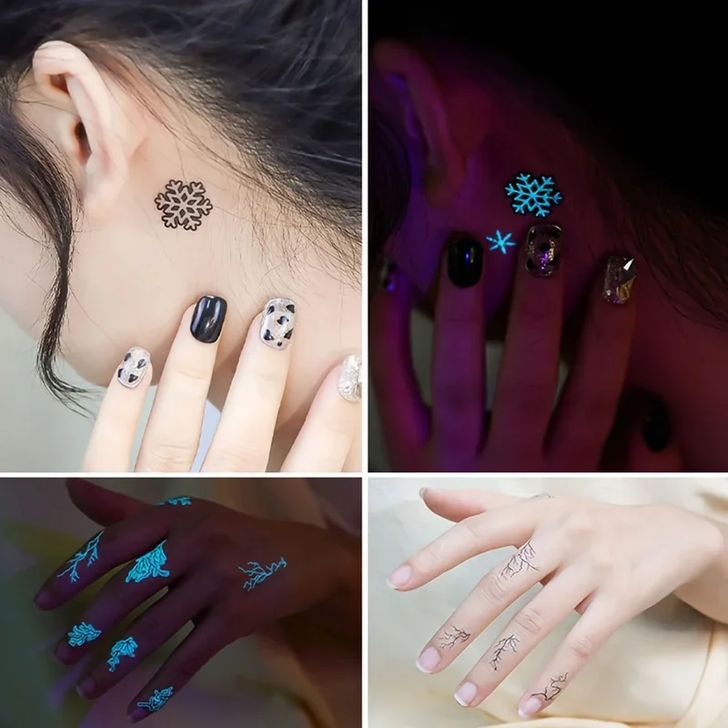 10 Sheets Blue Luminous Tattoo Sticker Butterfly Letter Cat Glowing Temporary Tatoo Small Finger Wrist Fake Tatto For Women Men