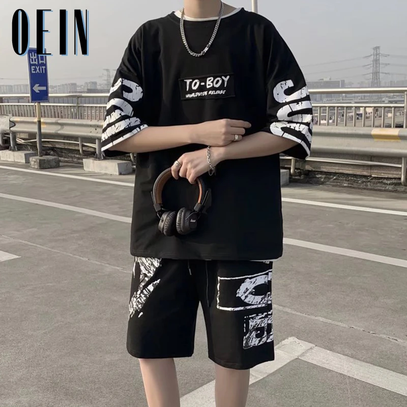 Chándal informal de manga corta de camiseta con estampado y pantalones cortos, ropa de calle de gran tamaño, moda de verano| | - AliExpress