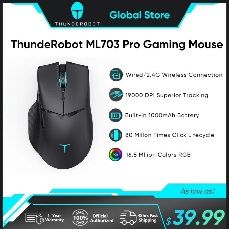 Thunderobot Ml703 Pro Wireless Gaming Mouse 2.4g Wireless Wired Rgb Gamer 19000 Dpi 1000mah Mouse para pc Portátil Gaming