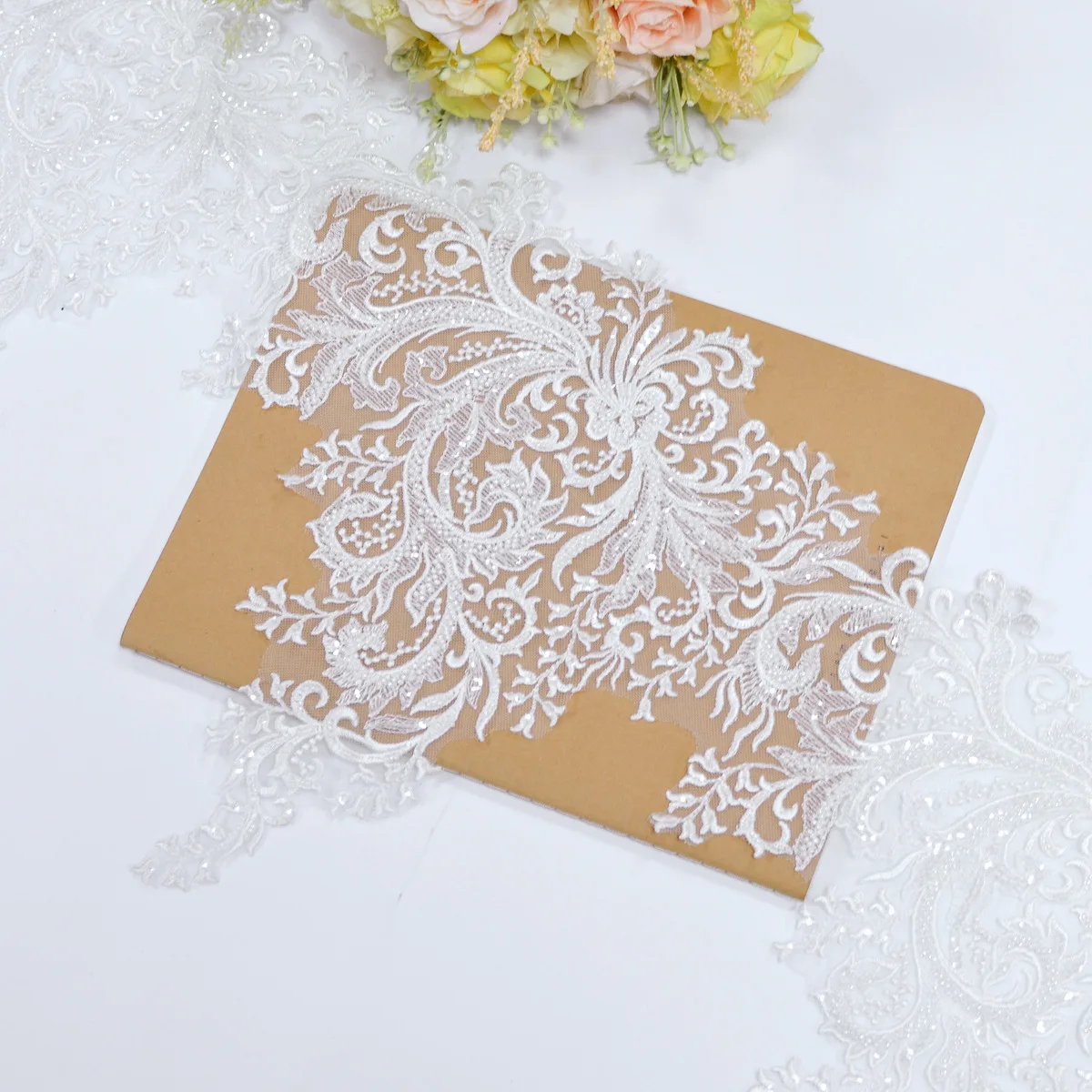 32cm*1yard Fashion sequins beaded lace trimmings for wedding dresses DIY sewing flower embroidered trims