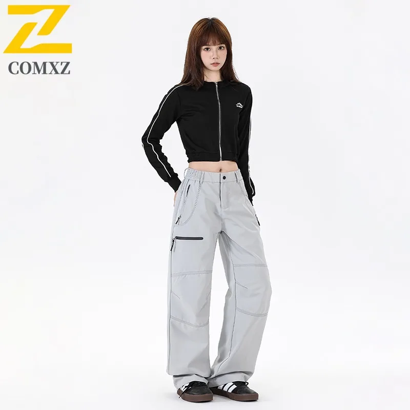 COMXZ 2025 Autumn New Water Repellent Pants Unique Insert Color Snap Button Elastic Waist Unisex Hong Kong Loose Casual Trousers