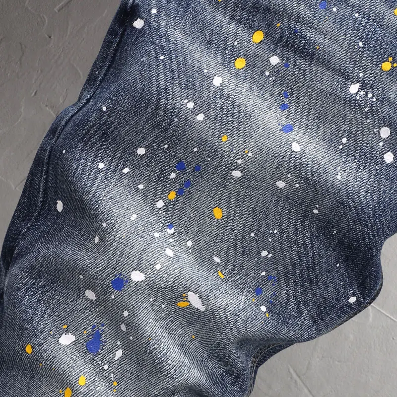 Streetwear Fashion Men Jeans Retro Washed Blue Elastic Slim Fit Ripped Jeans Men Painted Designer Hip Hop Denim Pants Hombre