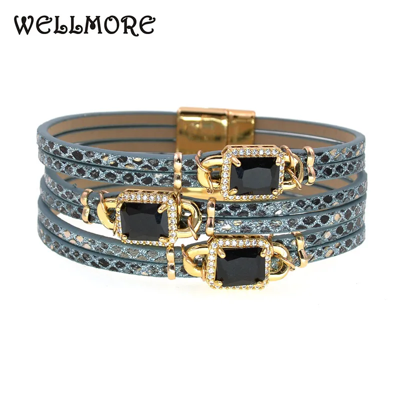 WELLMORE luxury glass braclets for women Boho leather bracelet wrap Magnet bracelet fashion jewelry wholesale