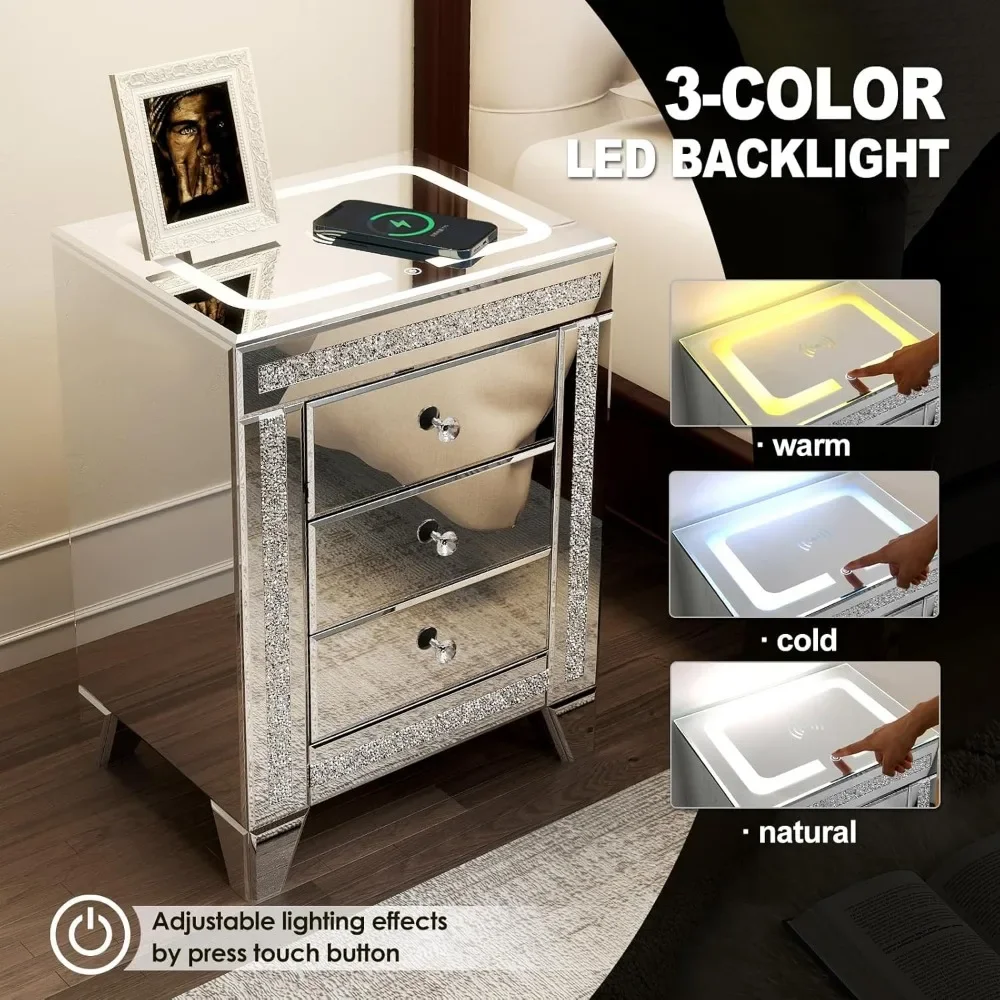 Silver Nightstand with LED, Mirrored End Table with Charging Station Wireless, Side Table Storage Cabinet with Crystal & Drawers 4