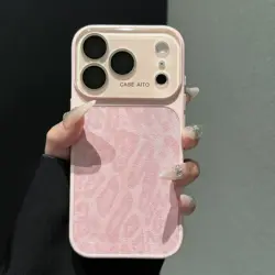 Luxury Leopard Print Leather Phone Case with Crystal Lens Protection and Shockproof Cover - iPhone 15 (Pink)