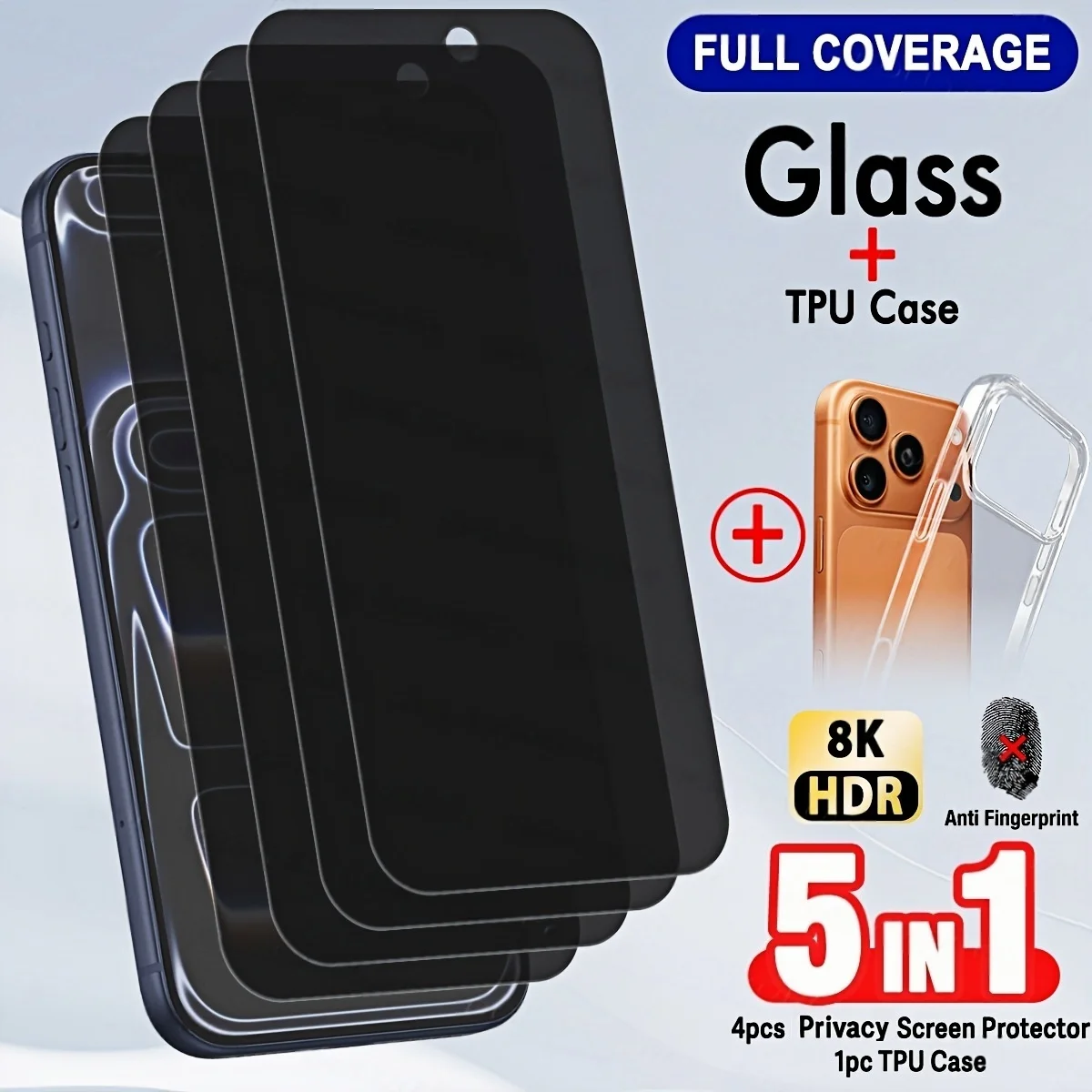 5 en 1: 4 Protectores de Pantalla de Vidrio Templado con Privacidad + 1 Funda de TPU para Teléfono, Compatible con 17 Pro Max/17 Pro/17/16 Pro Max/15 Pro