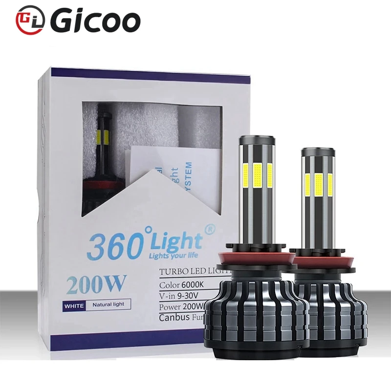 Лампы для передних фар GICOO 360, 6 сторон H4 H7 H11 H13 9012, автомобильное освещение 200 Вт, противотуманная фара 12 В H8 H9 6000K