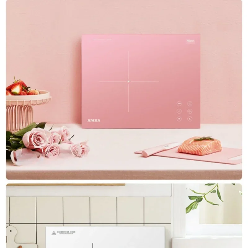Amka Built-in Induction Cooker 220V 2200W Microcrystalline Tempered Panel Induction Cooktop Pink Touch Control Built-in Hob