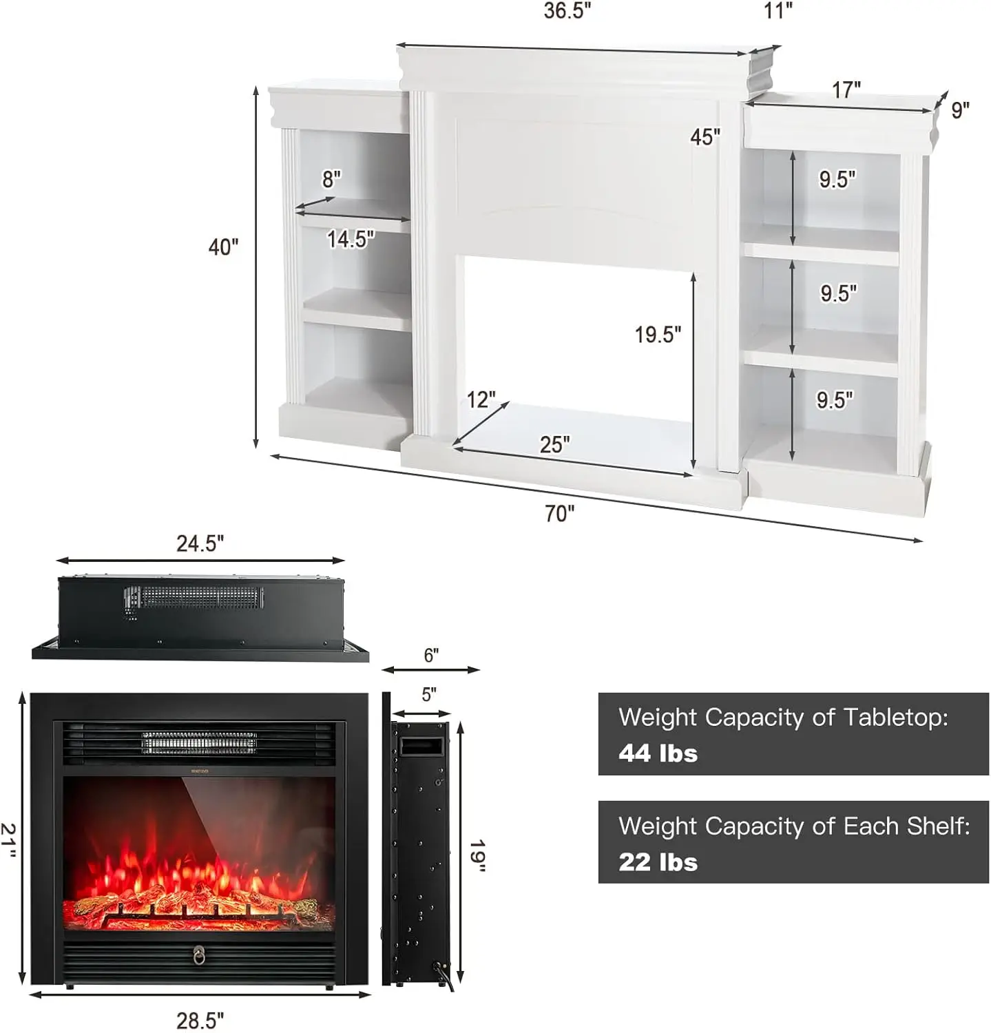 70 Inches Mantel Fireplace, 750W/1500W Electric Fireplace w/Mantel & Built-in Bookshelves,1-8H Timer 4