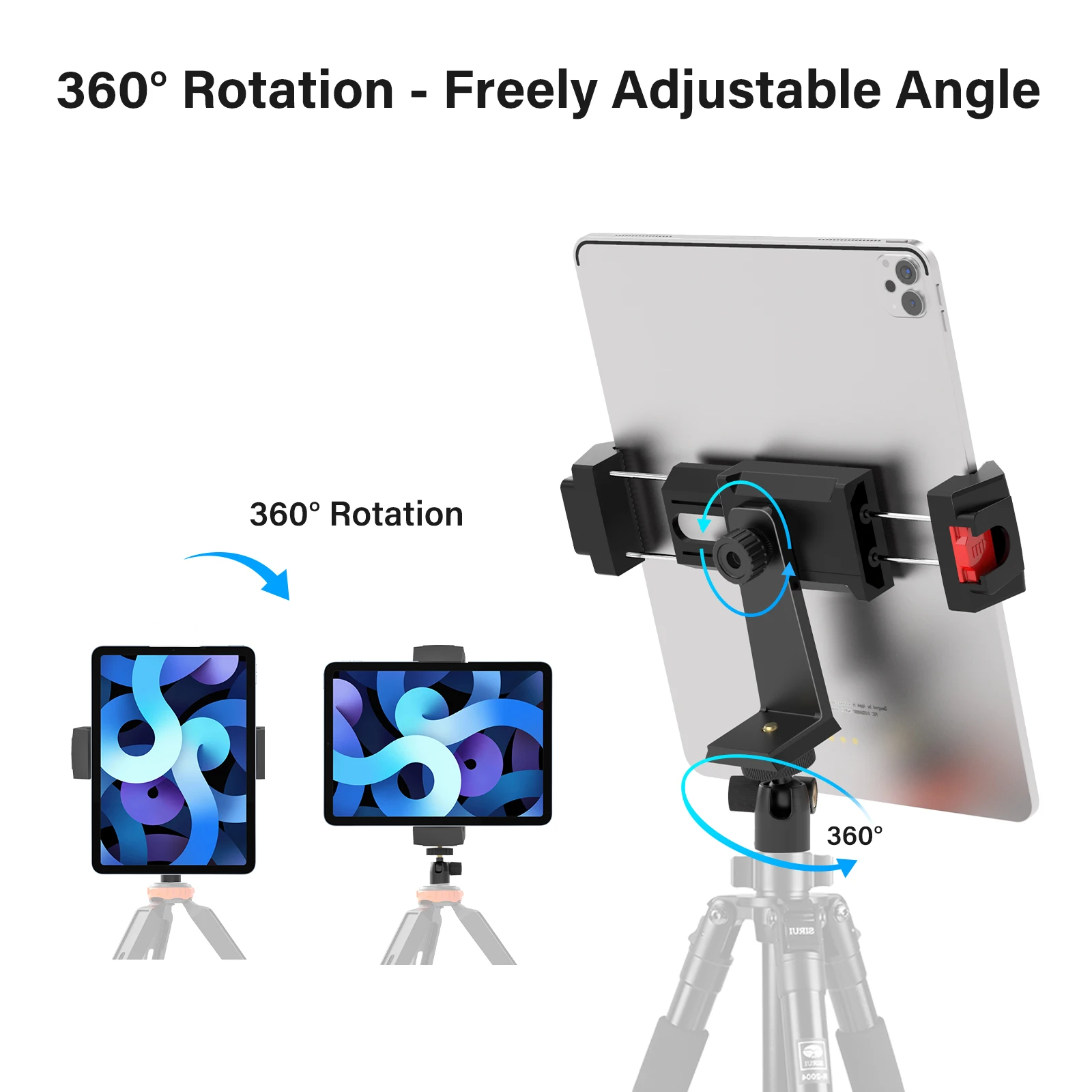 회전 볼 헤드 360이 포함된 iPad 및 휴대폰 삼각대 마운트 어댑터 ° 아이패드 8세대용 콜드슈 스마트폰 클램프가 포함된 회전식 태블릿 홀더