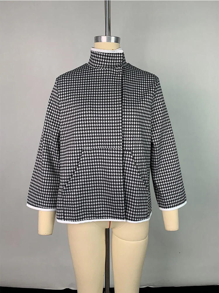 Description Picture 5 of itemGymystars Winter Jacket Women Houndstooth Coat Fashion Contrast Color Loose Stand Collar Split-Joint Outerwear Female Clothing