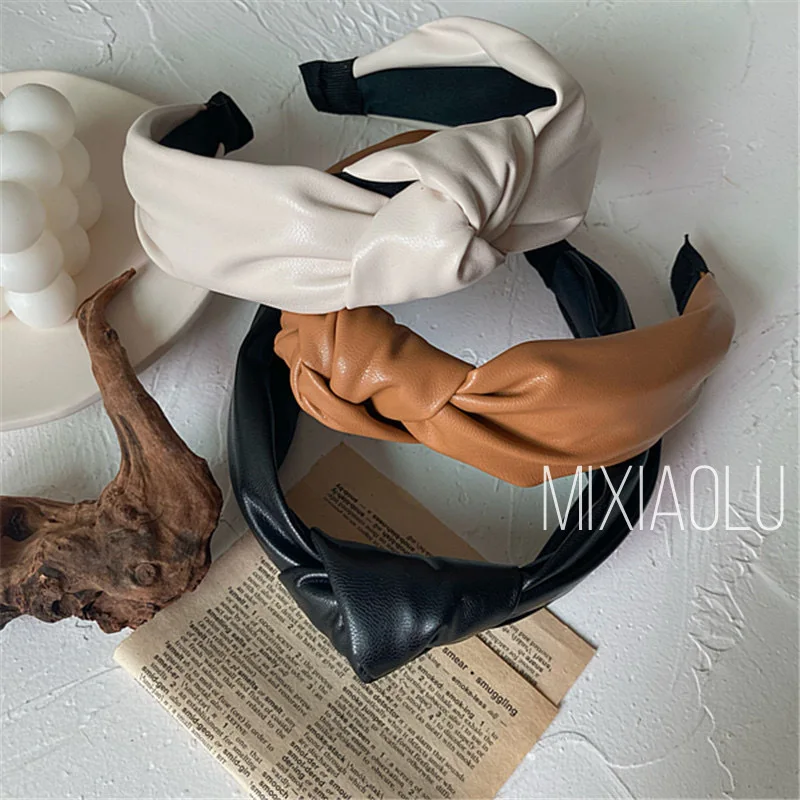 

New PU Bow Knot Headband for Women Hair Hoop Knotted PU Artificial Leather Girl Hair Band Ladies Broadside Hair Accessories