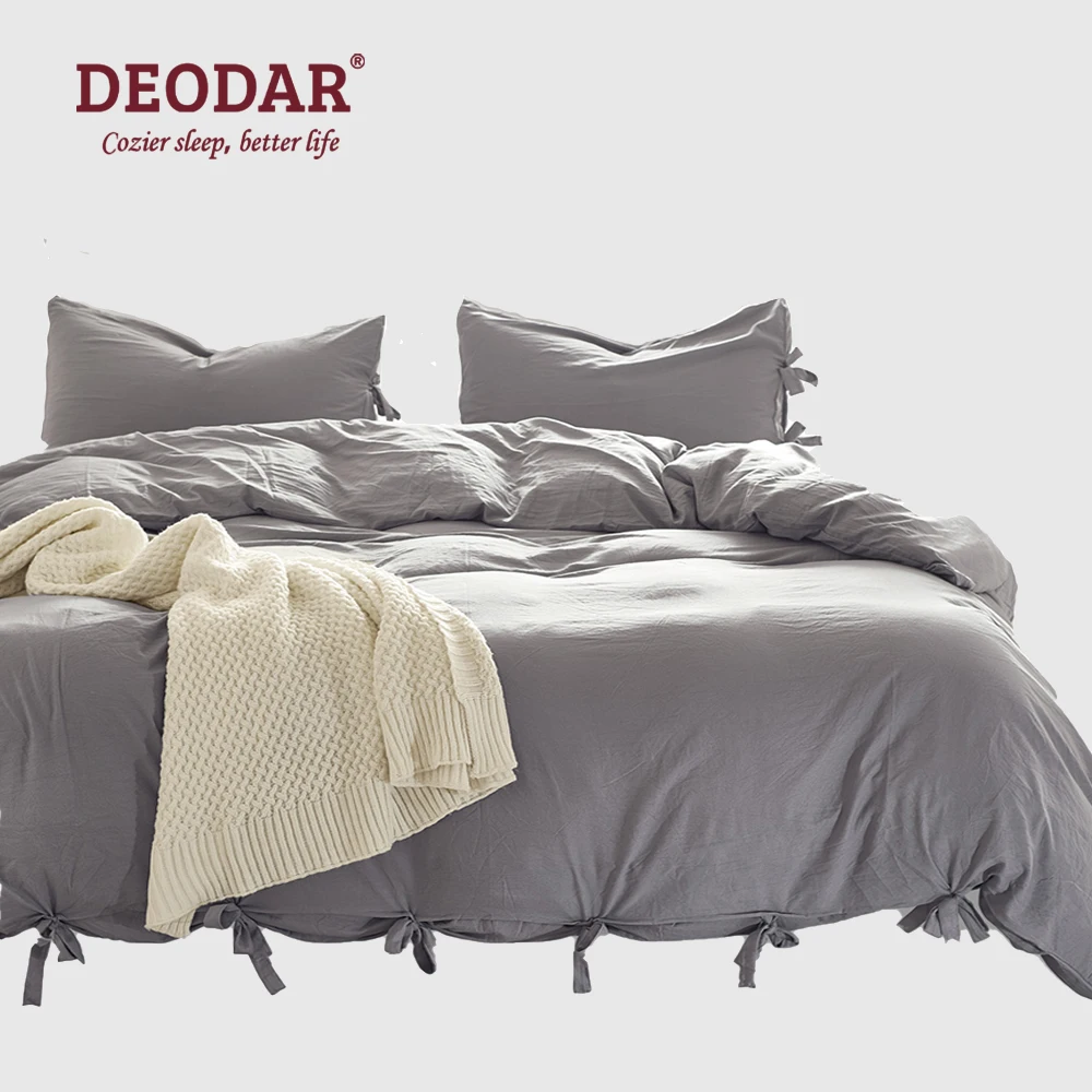 Deodar Unique Lace Up Design Thickened Washed Cotton Queen Bed King Size Bedding Sets Duvet