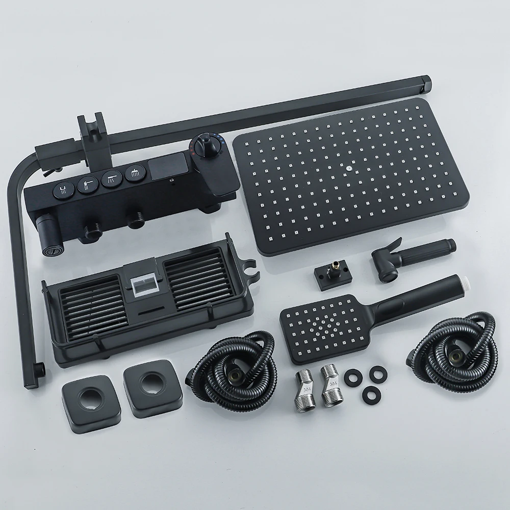 Bathroom faucet bathroom shower faucet set thermostatic mixing valve Black display thermostatic shower faucet set rainfall bathtub tap bathroom shelf water flow produces electricity