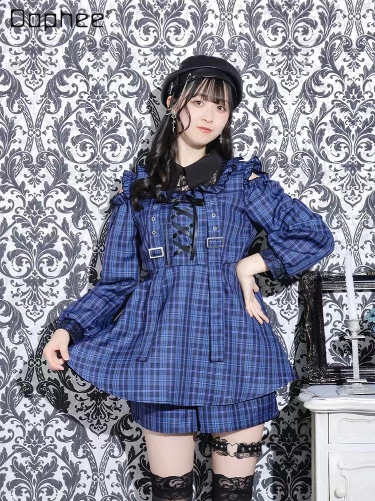 Japanese Style Woman Lolita Dress Suit Student 2023 Fall New Long Sleeve Bow Plaid Dress Sweet High Waist Shorts 2 Pieces Set