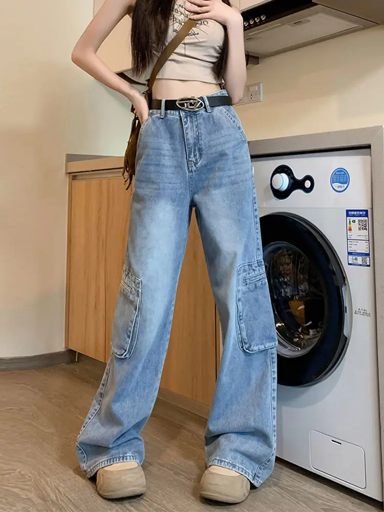 Deeptown Korean Style Hippie Blue Cargo Jeans Women Y2k Aesthetic Oversize Denim Pants Kpop Streetwear Wide Leg Baggy Trousers