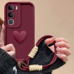 3D Love Heart Strap Shockproof Phone Case Cover for Vivo Y30 4G (Wine)