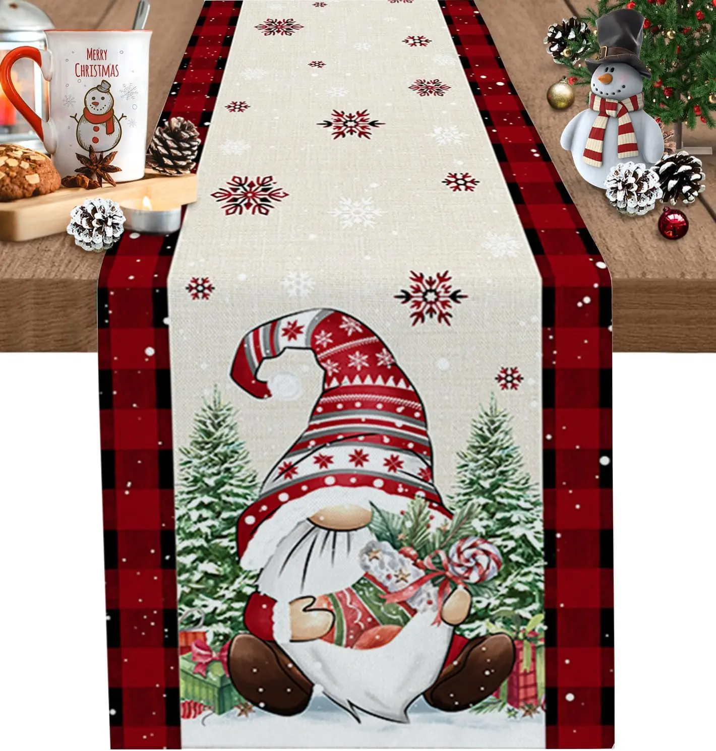 

Рождественские гномы, сосна, буйвол, клетчатая льняная скатерть, сезонный Зимний свадебный Декор для вечеринки, комод, шарф, декор для обеденного стола