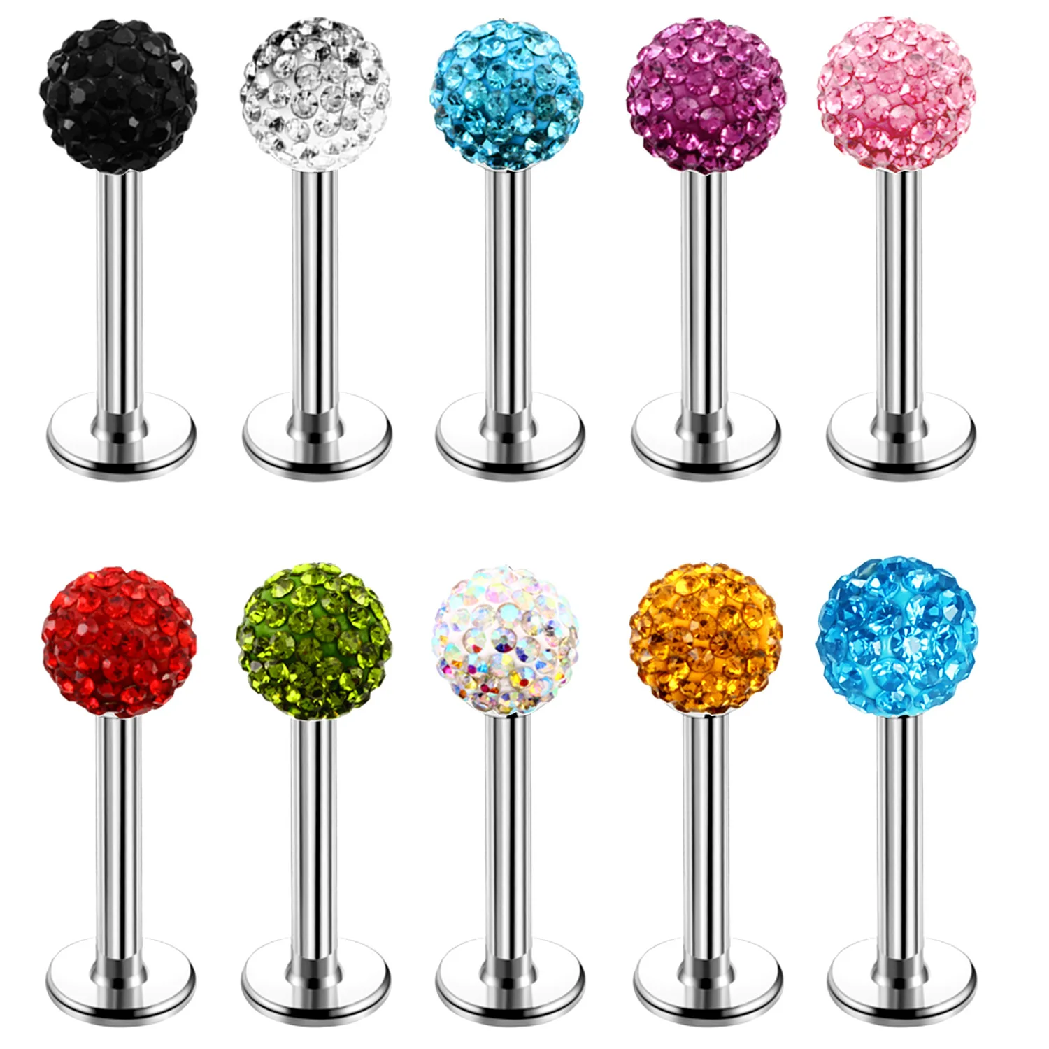 2pcs Crystal Labret Rings Ball Lip Earring Stud Piercing Stainless