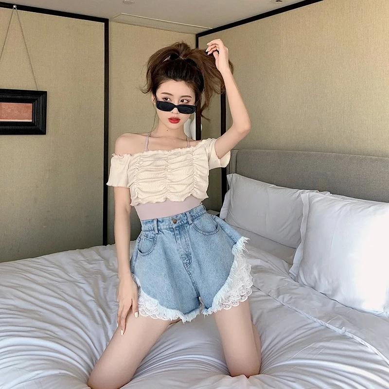 Summer Women's Beach Resort Bohemia Short Jeans Female Decals High Waist Lace Hot Shorts Hole Washed Denim Shorts Female Fashion