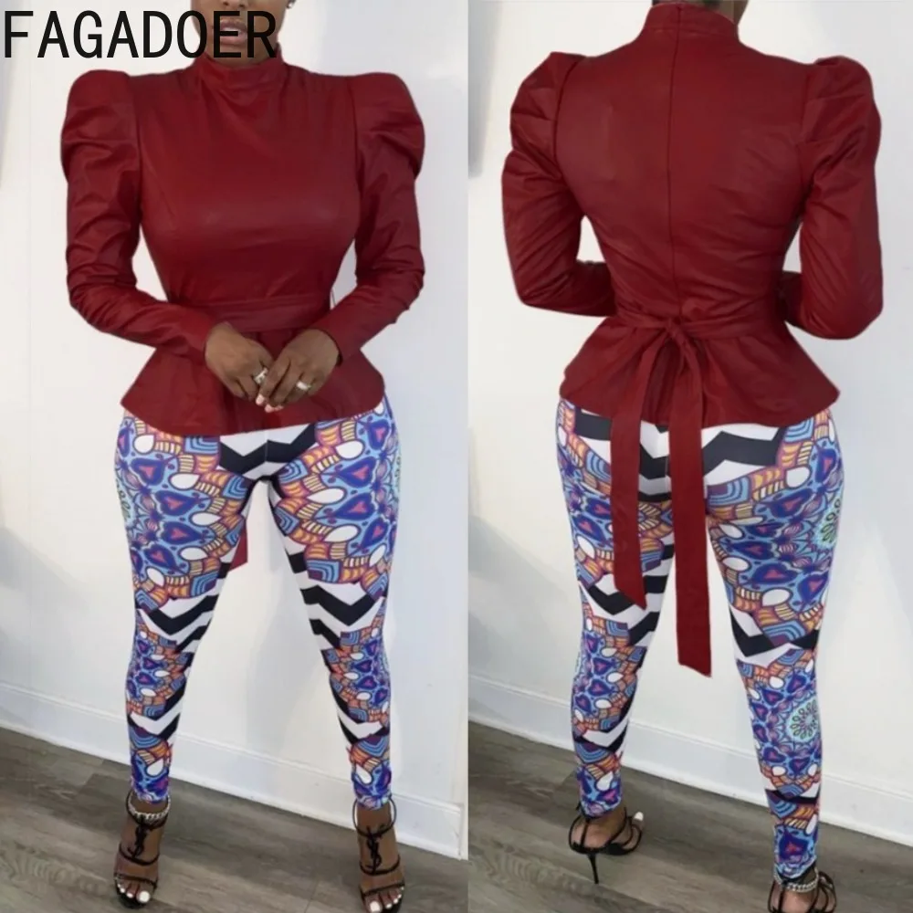 

FAGADOER Fashion PU Leather Puff Sleeve Back Bow Lace Up Tops Women Round Neck Bandage Ruched Clothing Casual Solid Color Shirt