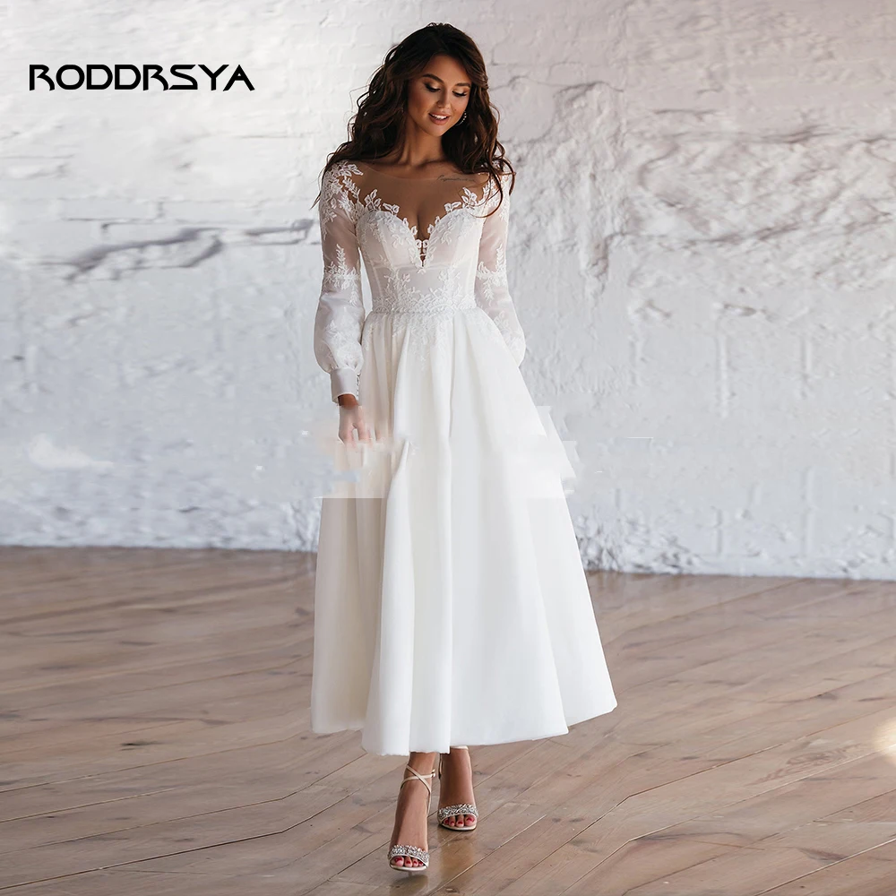 Vintage Beach Short Wedding Dress For Woman Elegant Long Sleeves Scoop-Neck Bridal Gown Civil A-line Robe De Mariee wedding dresses