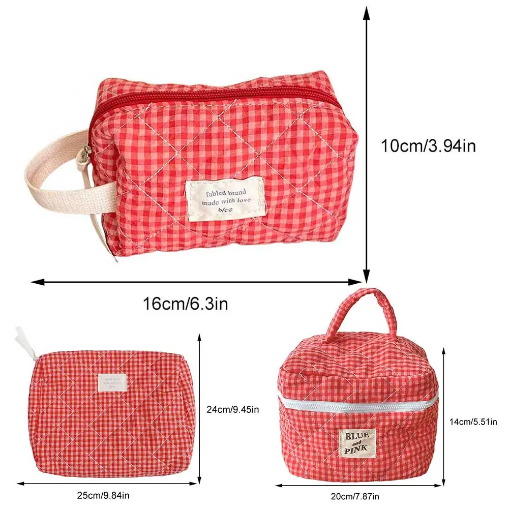 Casual Women Cosmetic Pouch Large Capacity Travel Storage Bag Sweet Plaid Ladies Makeup Bag Cotton Checkered Travel Toiletry Bag 6