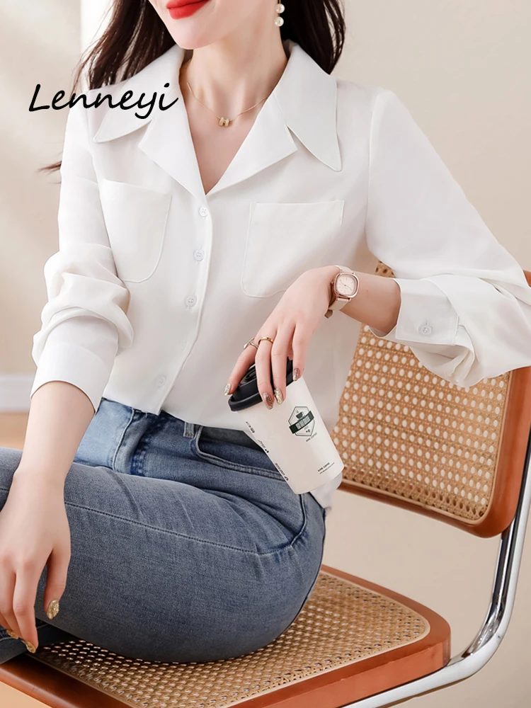 

Женская шифоновая рубашка на пуговицах, белая винтажная блузка с длинным рукавом и V-образным вырезом, качественная офисная рубашка с карманами, Осень-зима