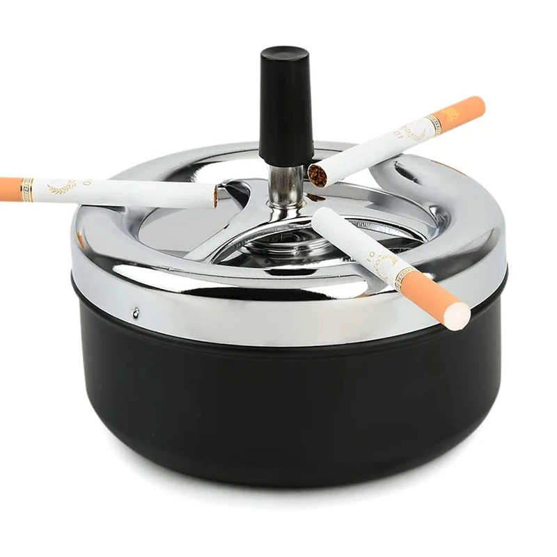 Ashtray Cool Stainless Steel Push Down Spinning Self-Cleaning With Lid Cover for Cigarette Smoking