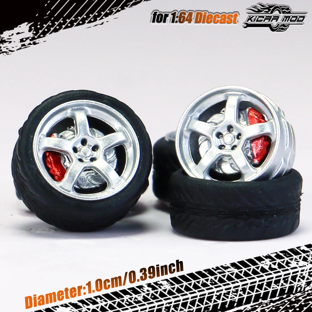 Kicarmod 1/64 Model Car ABS Wheels with Rubber Tire Brake Disc Refitting Parts Diameter 10mm For Model Car Tomica MINI GT