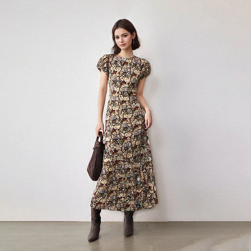 

Pastoral Floral Slim-Fit Dress 2024 Summer Niche French Vintage Print Rayon Pastoral Style High-Quality Dress