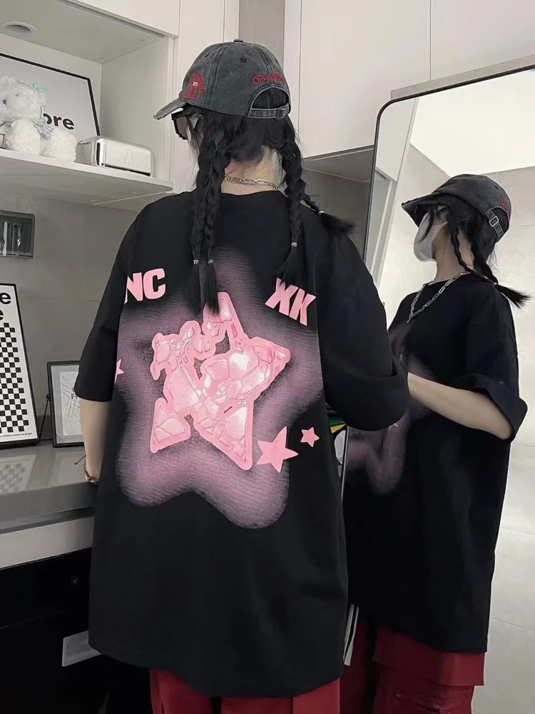 

QWEEK Harajuku Star Print Graffit T Shirt Women Y2k American Retro Streetwear Hip Hop Punk Tees Tops 2023 Korean Fashion